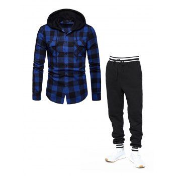 Plaid Print Front Pocket Drawstring Button Up Long Sleeve Hooded Shirt And Contrast Stripe Print Jogger Sweatpants Outfit, Blue
Plaid Print Front Pocket Drawstring Button Up Long Sleeve Hooded Shirt And Contrast Stripe Print Jogger Sweatpants Outfit, Blue