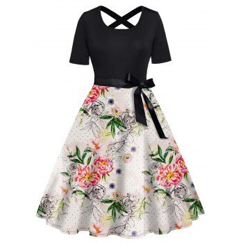 Plus Size Dress Flower Leaf Print Bowknot Belted Crossover Back A Line Midi Dress, White
Plus Size Dress Flower Leaf Print Bowknot Belted Crossover Back A Line Midi Dress, White