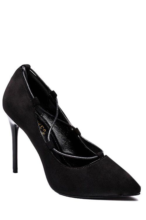 Stylish Cross-Strap and Flock Design Pumps For Women, Black