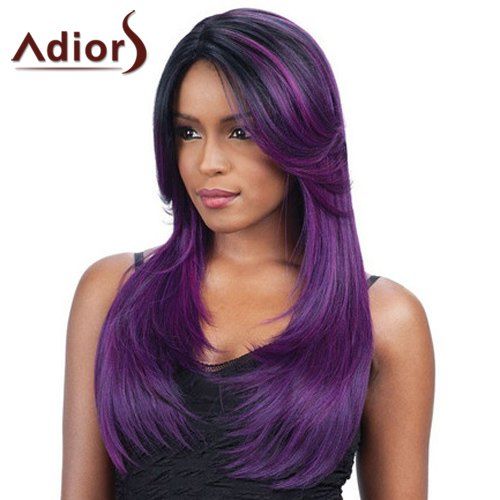 

Charming Long Side Parting Synthetic Fluffy Straight Black Purple Ombre Women's Wig, Ombre 1211#