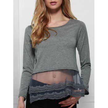 

Stylish Scoop Neck Long Sleeve Solid Color Lace Spliced Hem T-Shirt For Women, Deep gray