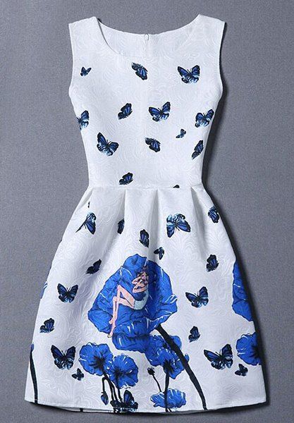 

Graceful Round Collar Sleeveless Butterflies Print Ball Gown Women's Dress, White