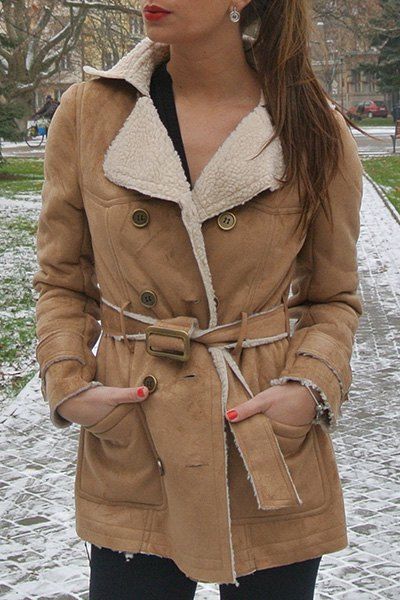 

Stylish Turn-Down Collar Long Sleeve Double-Breasted Belted Women's Coat, Camel