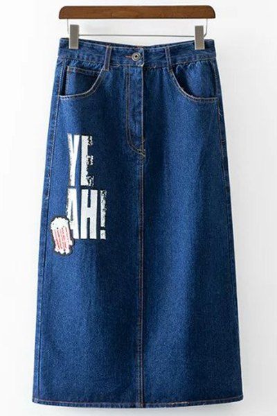 Zip Up Patched Denim Back Slit Skirt, Deep blue