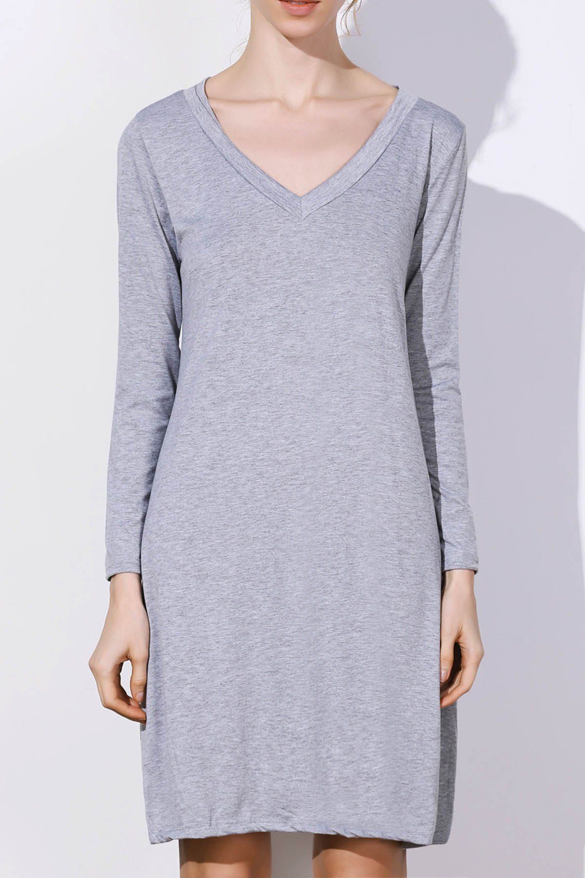 

Simple Long Sleeve Plunging Neck Pure Color Women∠s Dress, Gray