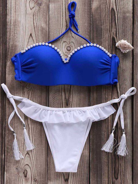 Off Sexy Women S Strapless Beaded Fringed Bikini Set In Blue Dresslily