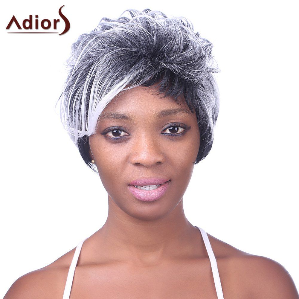 

Trendy Synthetic White Highlight Short Curly Side Bang Charming Women's Capless Wig, Colormix