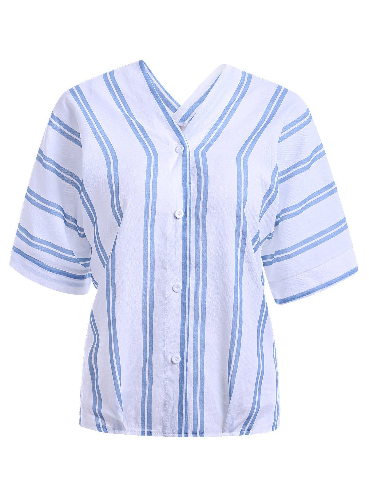 V Neck Button Up Striped Blouse, Light blue