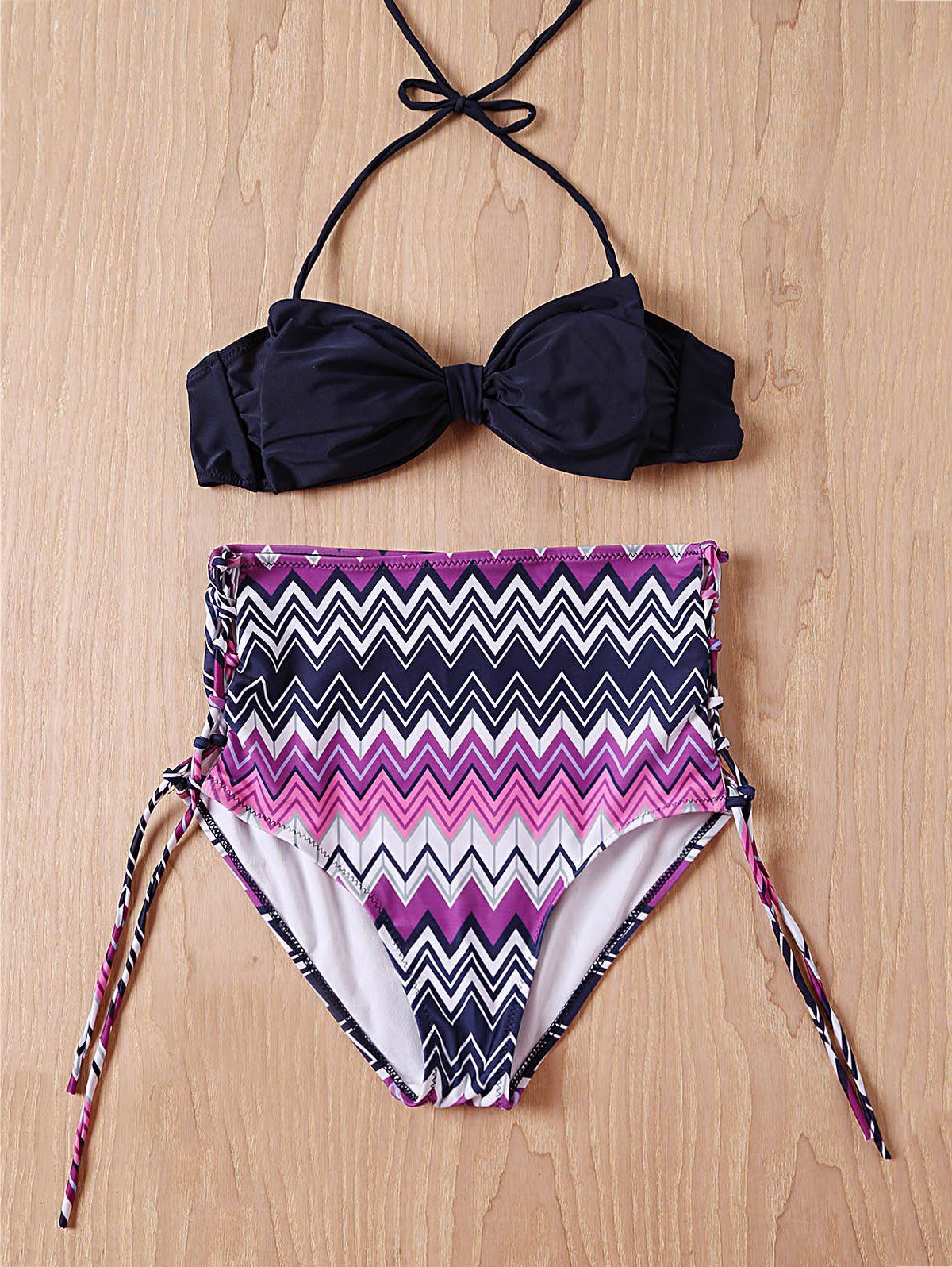 41 OFF 2021 Stylish Women S Bowknot Zig Zag High Waisted Bikini Set