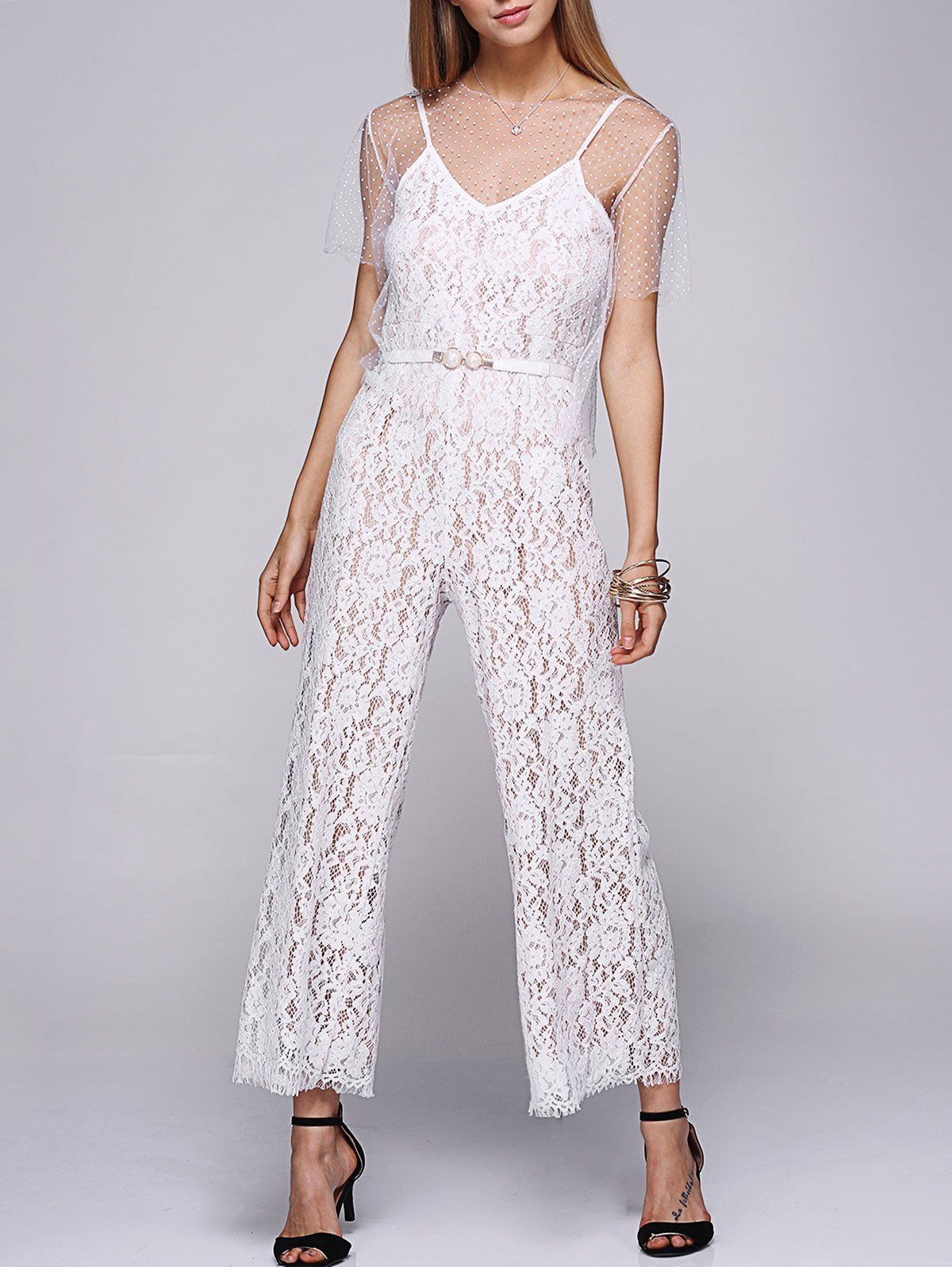 Chic Mesh Sheer Strap Lace Jumpsuit For Women, White