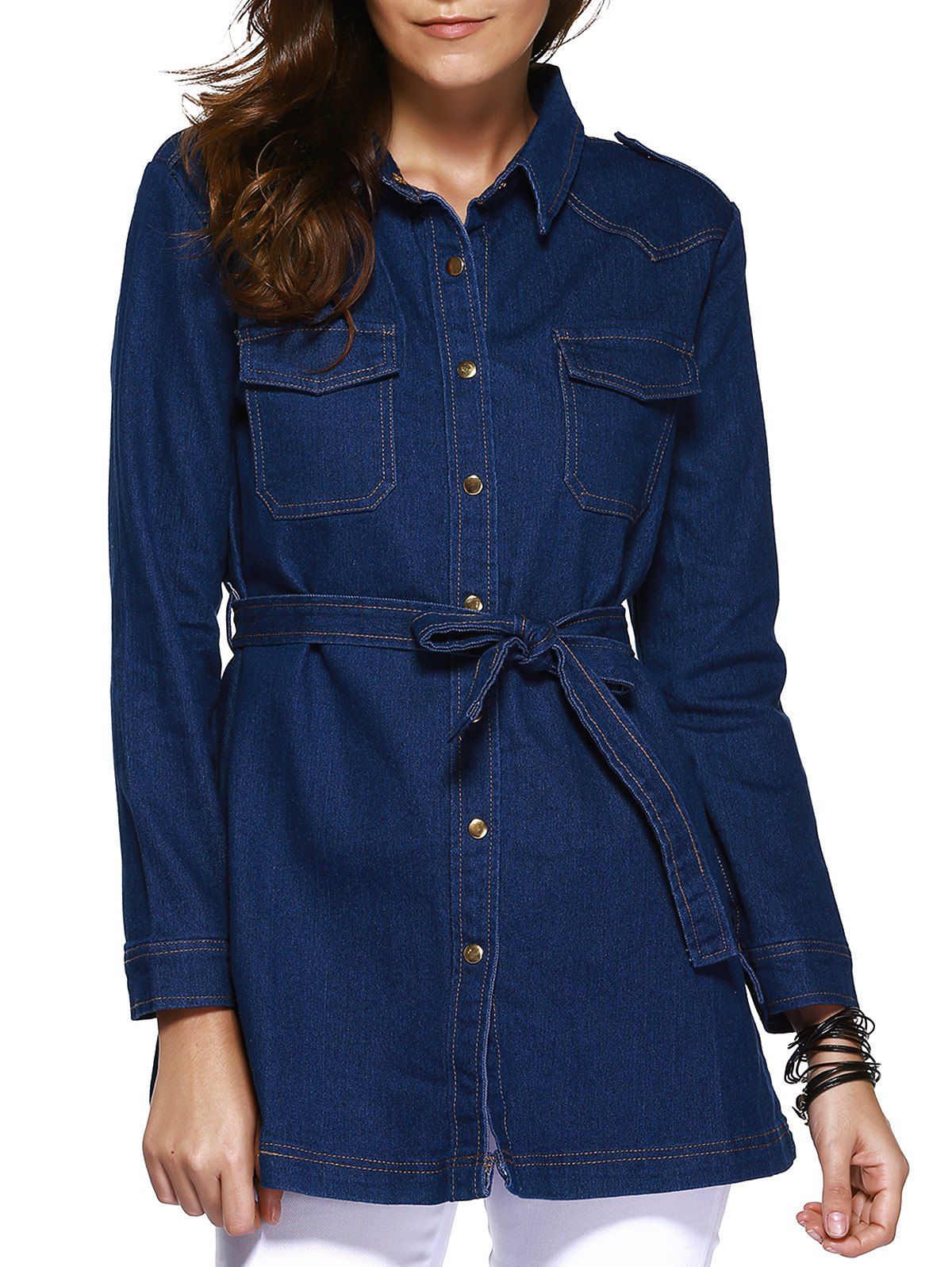 

Stylish Shirt Collar Long Sleeve Waist-Controlled Denim Coat For Women, Deep blue