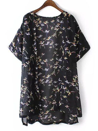 Plus Size Bird Print High Low Hem Kimono, Black
