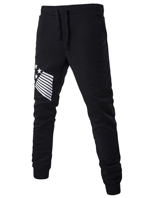Stripes and Star Pattern Lace-Up Beam Feet Pants, Black