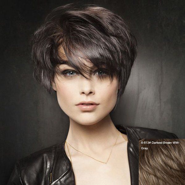 Women's Short Fluffy Side Bang Outstanding Human Hair Wig, Darkest brown with gray
Women's Short Fluffy Side Bang Outstanding Human Hair Wig, Darkest brown with gray