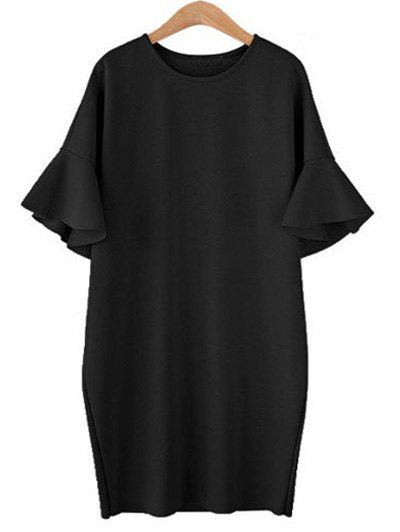 Plus Size Ruffle Bell Sleeve Loose Dress, Black