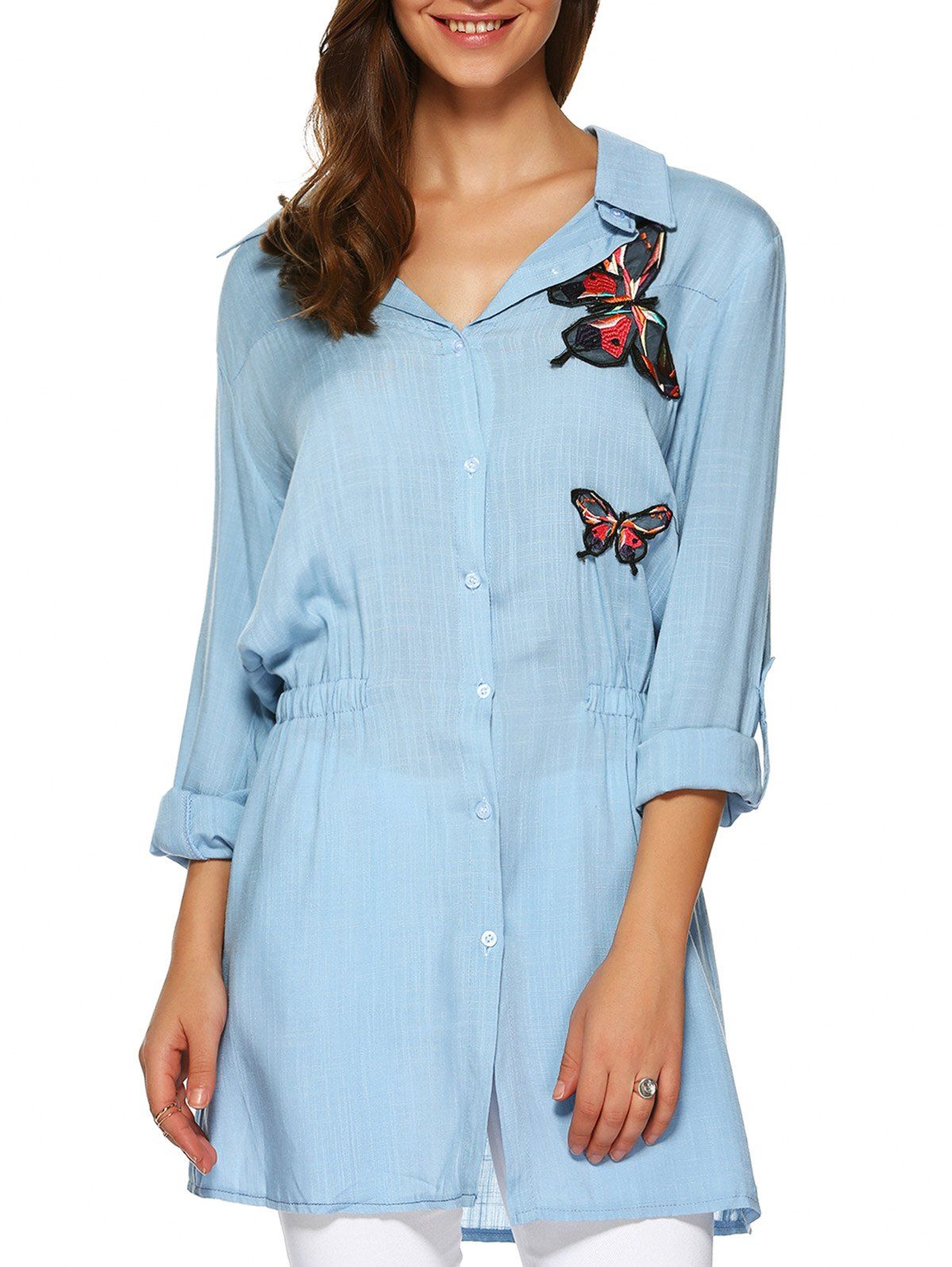 Butterfly Applique Elastic Waist Long Shirt, Light blue