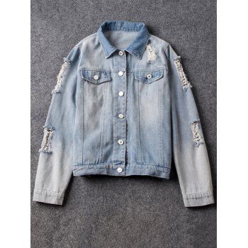 Off Shirt Neck Ripped Light Denim Jacket In Light Blue