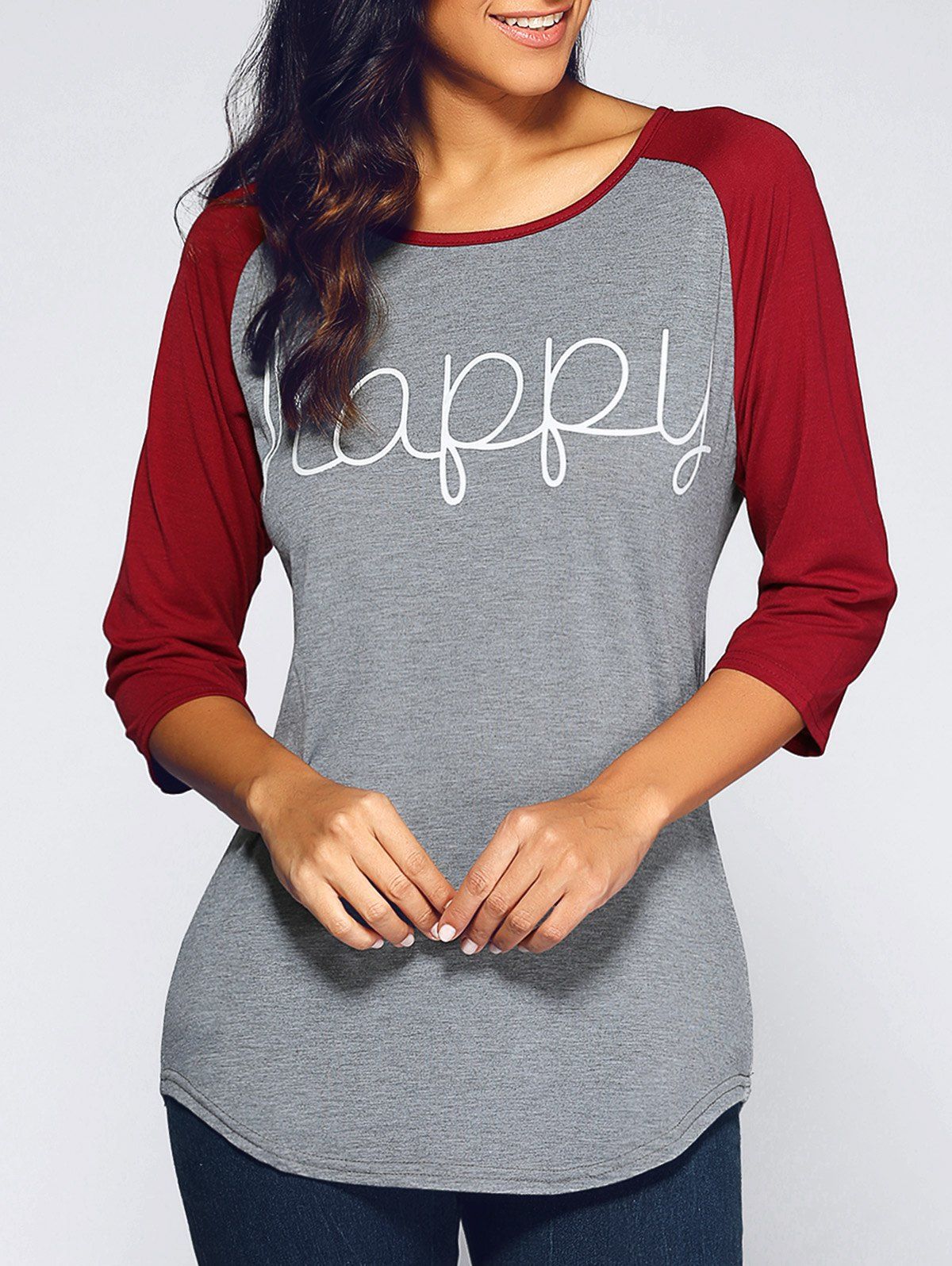 Letters Print Raglan Sleeve T-Shirt, Wine red