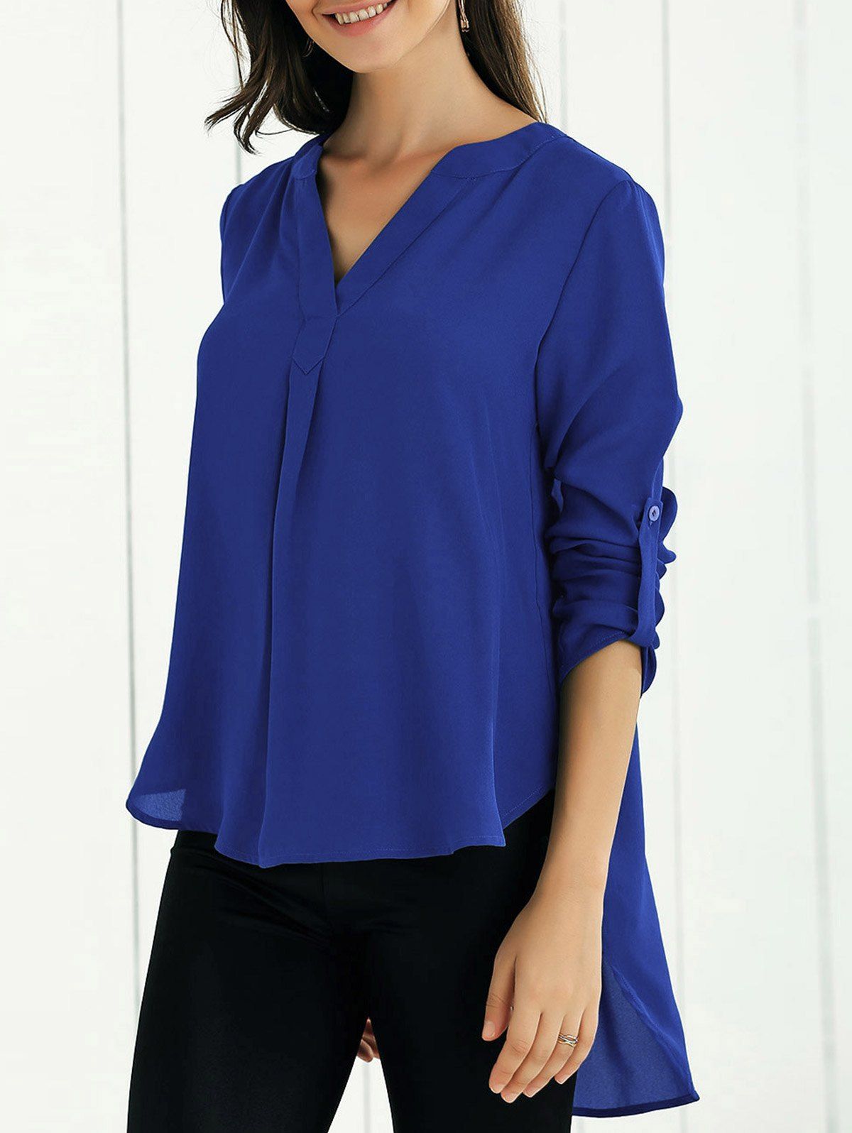 V Neck High-Low Blouse, Sapphire blue
