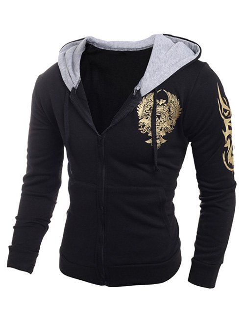 Hooded Printing Drawstring Zip-Up Hoodie, Black