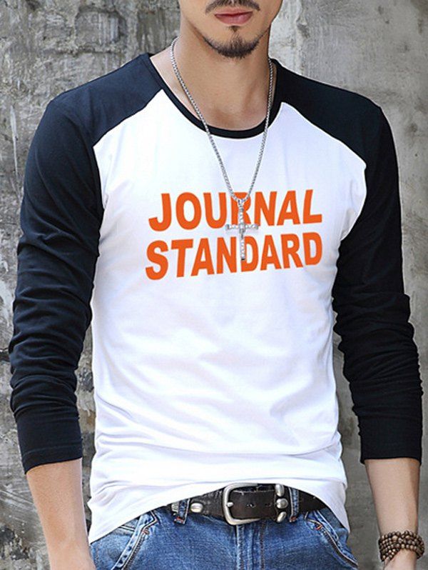 Spliced Sleeve Letter Pattern T-Shirt, White and black