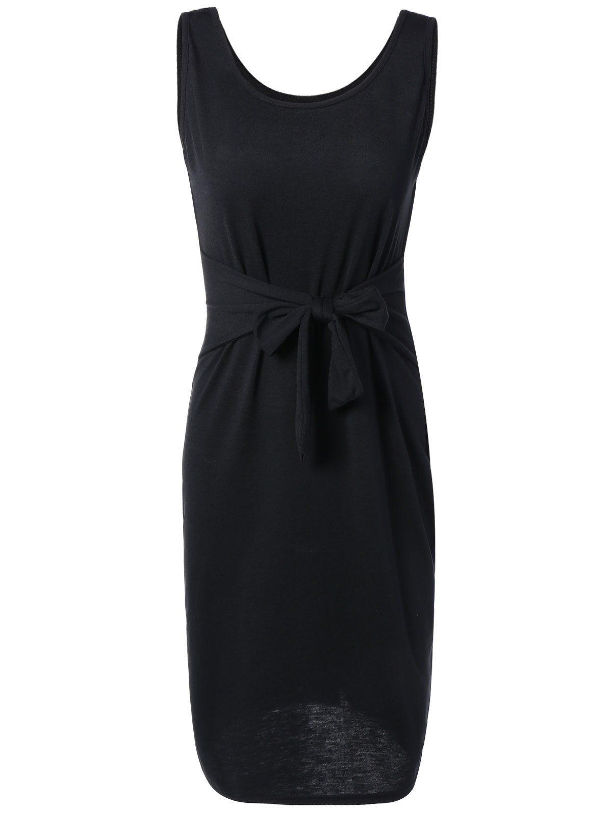 Sleeveless Tie-Front Plain Slim Dress, Black