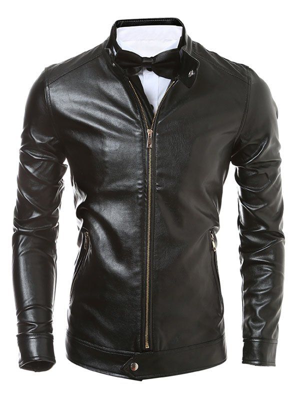 Faux Leather Slim Fit Zip Up Jacket, Black