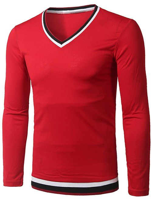 Stripes Pattern Rib Splicing Long Sleeve T-Shirt, Red