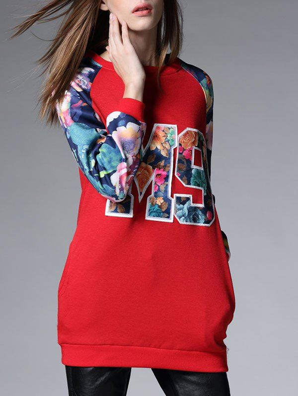 Long Floral Thickening Sweatshirt, Red 
Long Floral Thickening Sweatshirt, Red