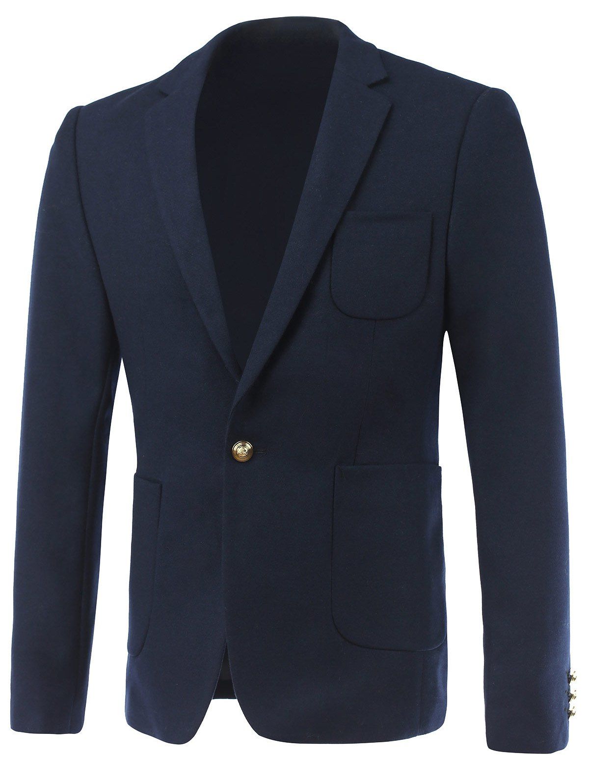 Woolen Pocket One-Button Lapel Long Sleeve Blazer, Deep blue