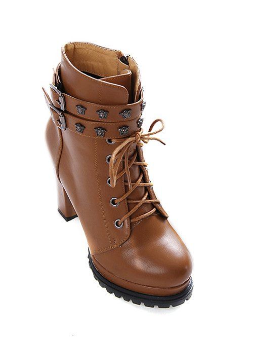 Lace-Up Metal Double Buckle Ankle Boots, Light brown