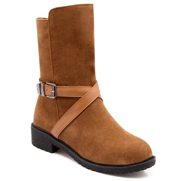

Cross-Strap Buckle Suede Mid-Calf Boots, Brown