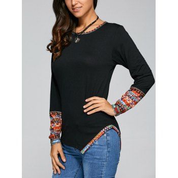 Casual Tribal Print Asymmetric Tee Black M In Long Sleeves