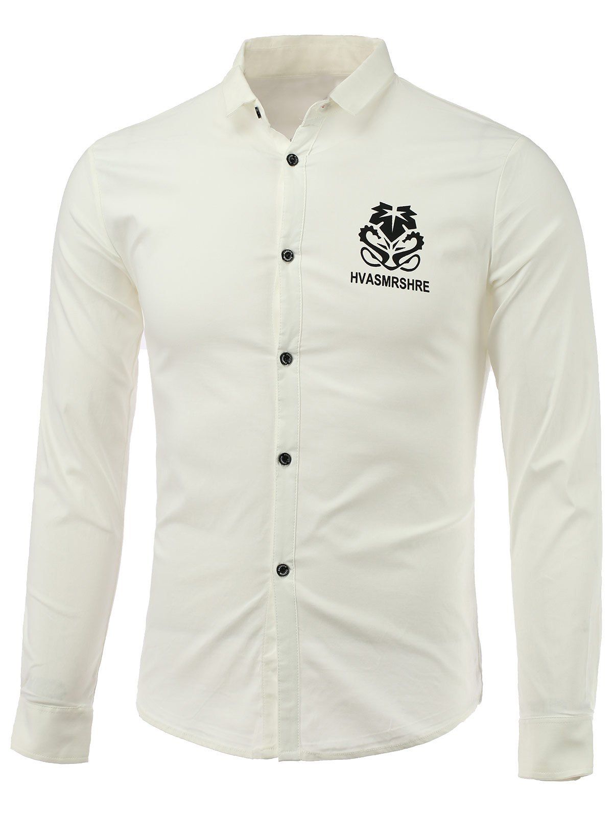 Floral and Letter Print Turn-Down Collar Long Sleeve Shirt, White