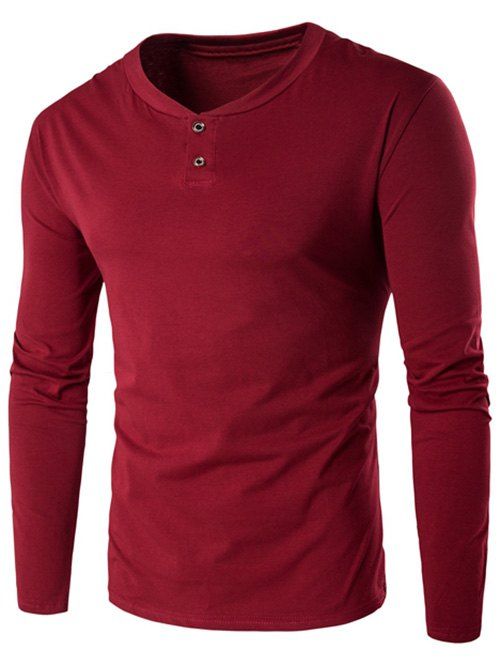 V-Neck Button Design Long Sleeve T-Shirt, Wine red