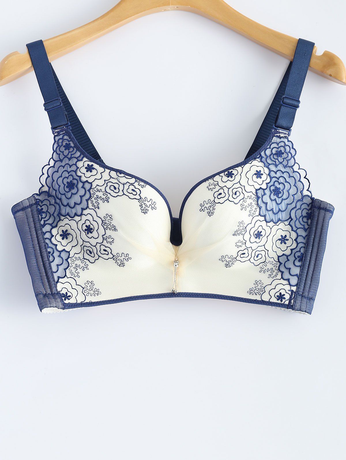 Wire Free Push Up Floral Printed Gathering Bra, Deep blue