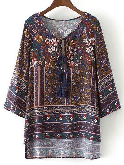 Retro Print High Low Tunic Top, Colormix