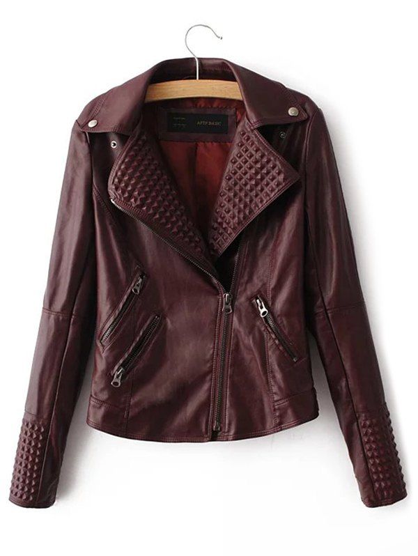 PU Fitting Zip-Up Motorcycle Jacket, Dark red