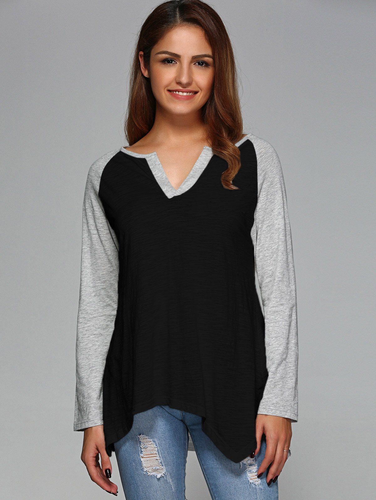 Raglan Sleeve Asymmetrical T-Shirt, Black