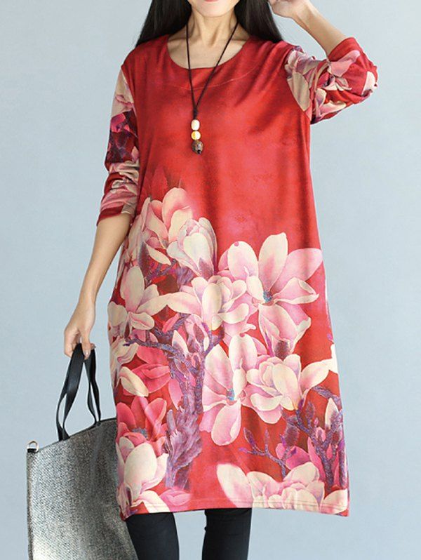 Ethnic Style Long Sleeve Print Dress, Red