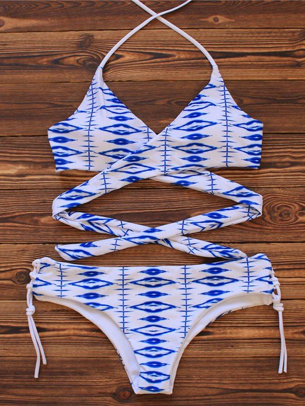 Geometric Print Wrap Halterneck Bikini, White