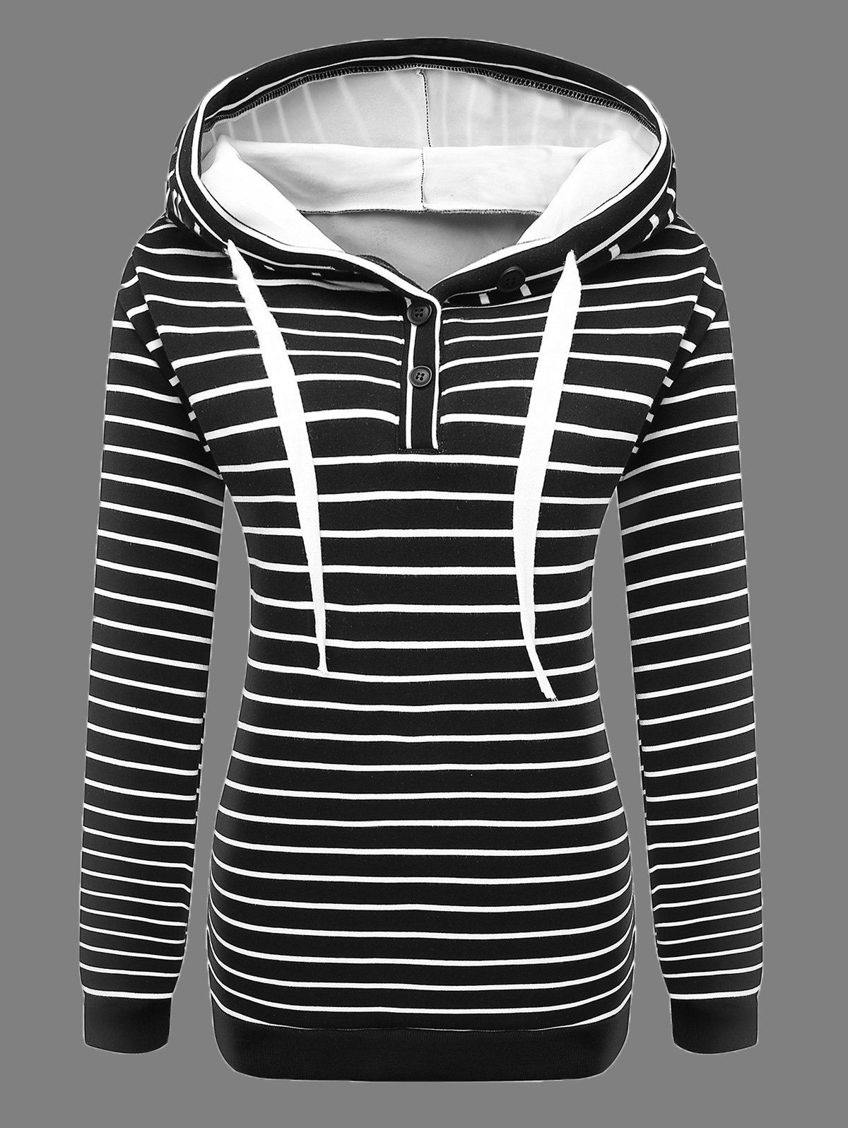 Buttoned Striped Drawstring Hoodie, Black