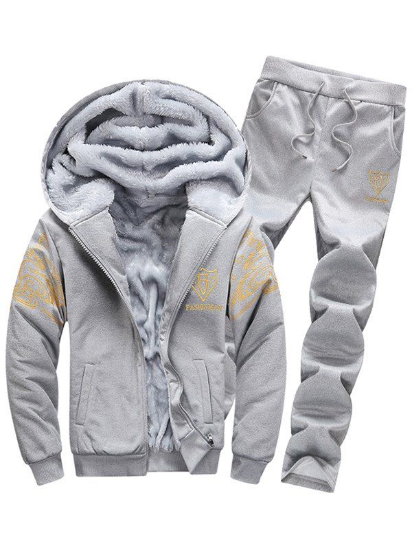 Flocking Zip Up Hoodie and Casual Pants Twinset, Light gray
