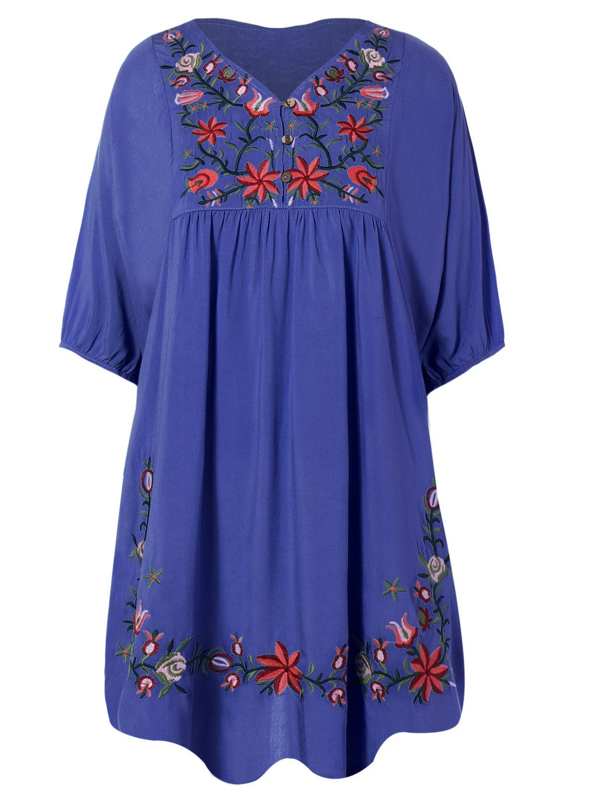 V Neck Embroidered Shift Casual Dress, Denim blue
