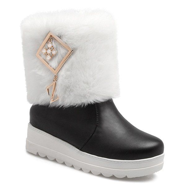 Fuzzy Metal PU Leather Platform Boots, Black
