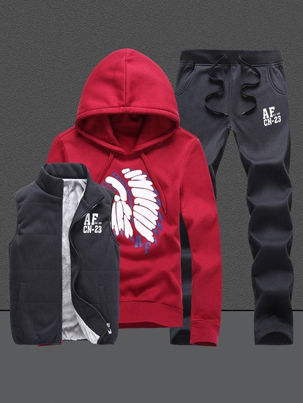 Native Printed Pullover Hoodie with Vest and Sweatpants, Red