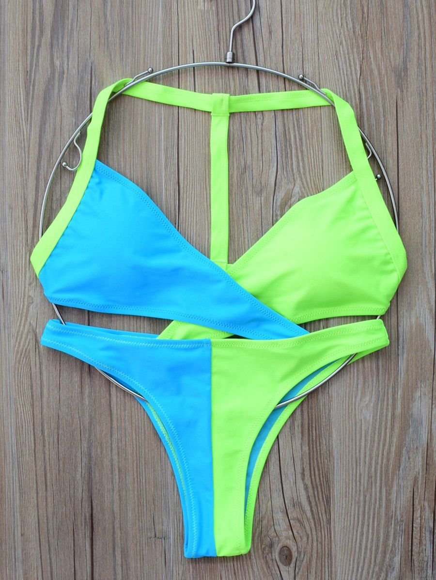 Two Tone Wrap Bikini Set, Neon green