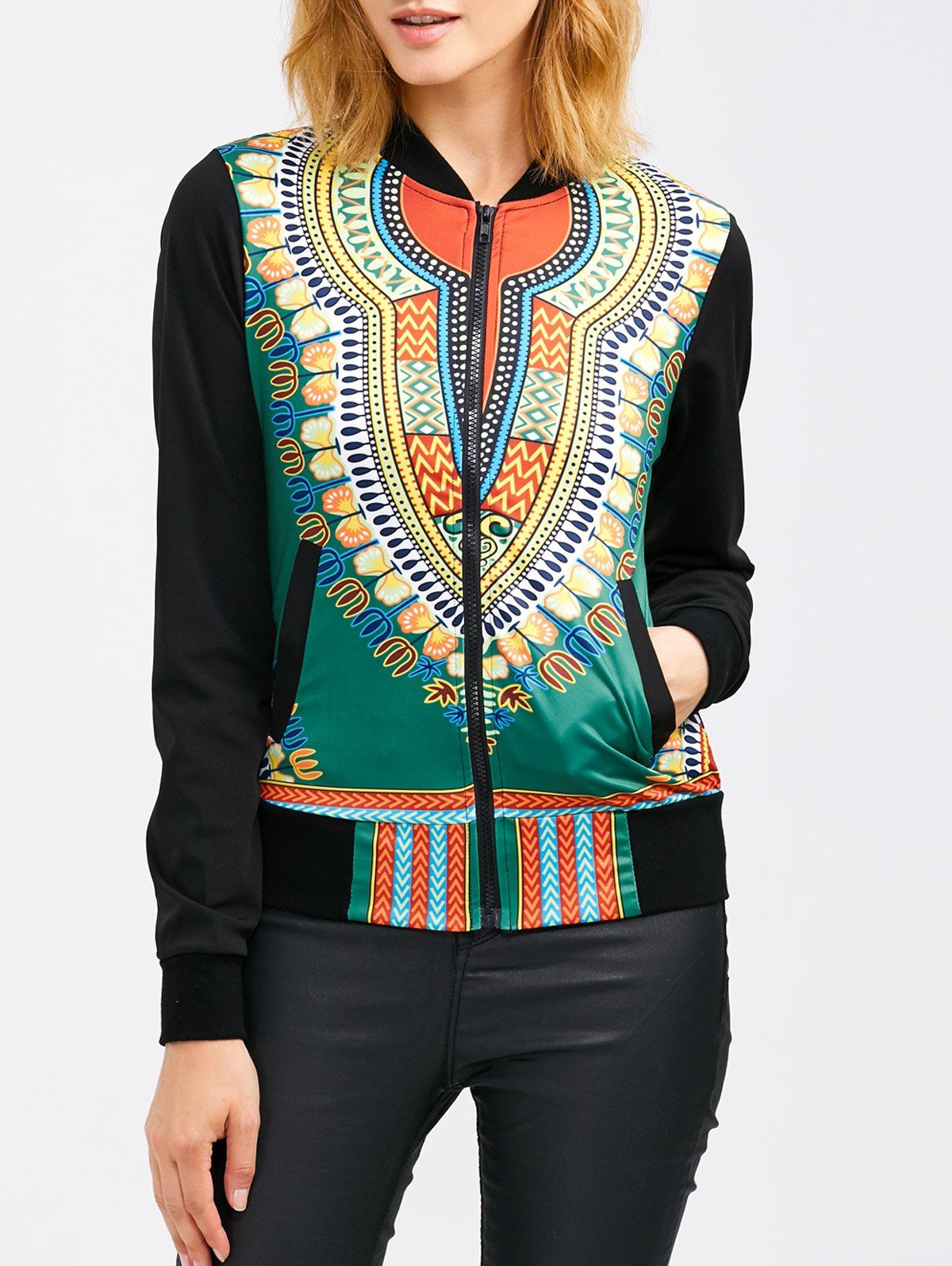 Zip Up Tribal Print Baseball Jacket, Green