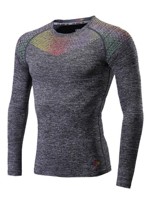 Colorful Square Print Splicing Raglan Sleeve Quick Dry Fitness T-Shirt, Gray