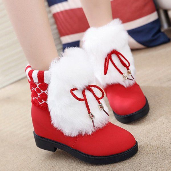 Knit Insert Furry Short Boots, Red